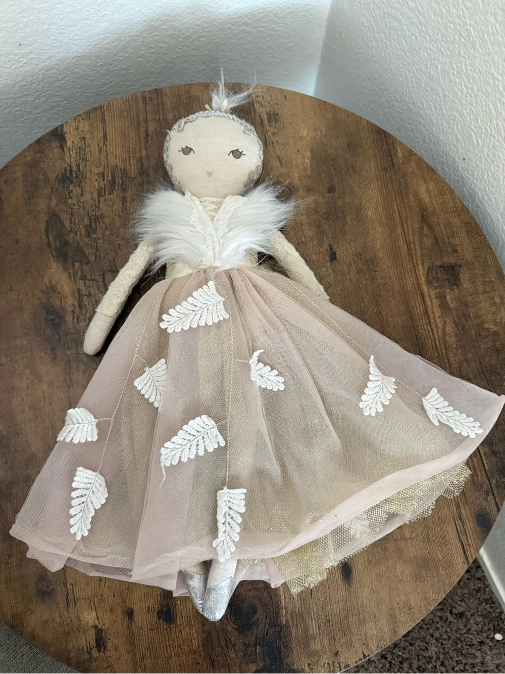 Pottery Barn Kids Cream and White Fabric Decorative Doll with Faux Fur